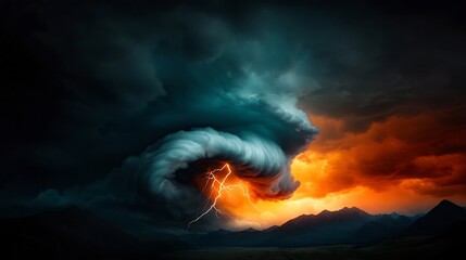 Fototapete - electric energy surges through a dramatic moody and turbulent stormy sky with brilliant forked lightning striking across a cinematic dystopian and sci fi esque mountainous landscape