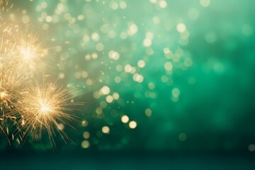 Poster - Golden sparks exploding on blurred green background creating festive atmosphere
