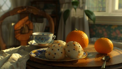 A still life featuring a plate of pastries, oranges, a teacup, and a spoon on a wooden table, bathed in warm sunlight streaming through a window.