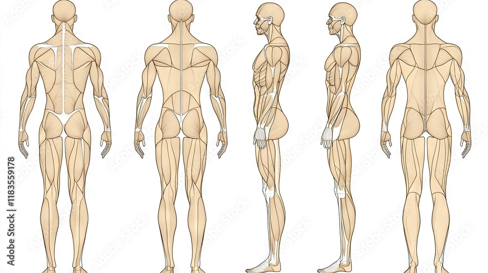 Detailed Human Anatomy Illustrations Showing Posterior, Anterior and ...