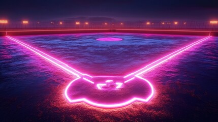 Poster - Dynamic 3D Render of Glowing Neon Baseball Field with Vibrant Pink Lights and Luminous Surface in a Futuristic Setting