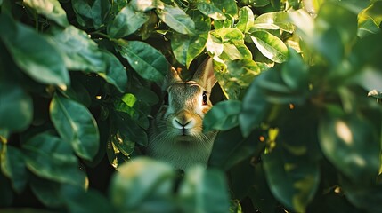 curious rabbit hiding in green bush, sunlight dappled leaves, nature scene, wildlife photography.