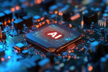 Poster - Advanced Technology Focus on AI Chipset Surrounded by Circuit Board with Blue and Orange Lighting Effects for Digital Innovation