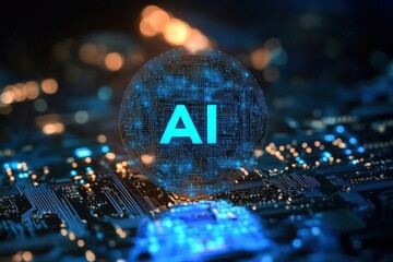 Poster - AI Technology Concept with Circuit Board Background Representing Advanced Recognition Capabilities and Digital Innovation in Computing