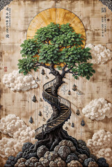 Poster - engraving path to the tree of life Generative AI