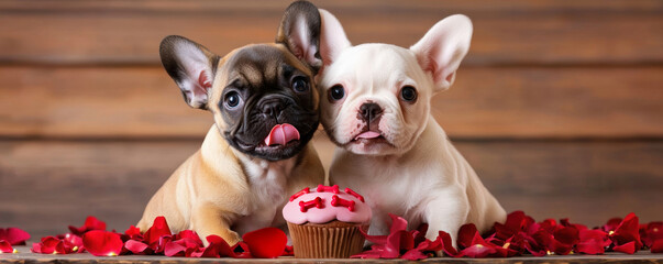 Poster - Valentine's Day themed dog treat concept. Two adorable French Bulldogs with a cupcake and rose petals