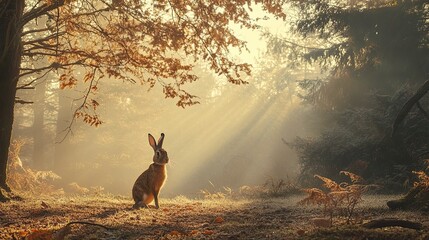 Wall Mural - sunrise in autumn forest, rabbit sitting, sun rays.