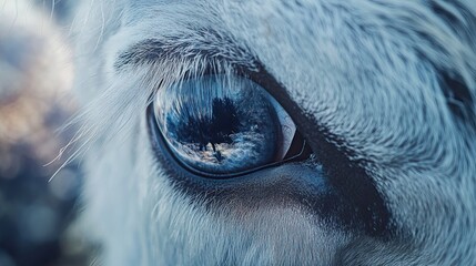 Close-up of horse's eye reflecting tree, nature background, animal portrait for websites.