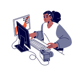 Fototapete - Photographer uploads photos from camera on the desk. Talented girl downloads photographies on computer for work. Creative profession. Flat isolated contour vector illustration on white background