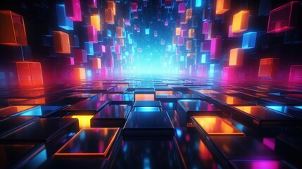 Poster - Abstract Neon Geometric Background with Colorful Cubes and Light Effects for Modern Design and Digital Art Projects