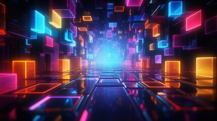 Poster - Abstract Neon Geometric Shapes Creating a Vibrant Tunnel with Reflections and Light Effects in a Digital World