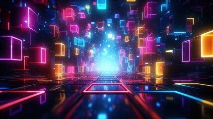 Poster - Vibrant Neon Geometric Shapes in Abstract Digital Environment with Futuristic Glow and Dynamic Lighting Effects