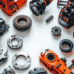 Poster - Industrial parts arranged on white background, studio shot, for catalog