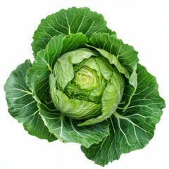 Poster - Fresh green cabbage with intact outer leaves, isolated on a white background with slight shadows
