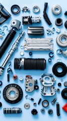 Poster - Auto parts flatlay, blue background, workshop, repair