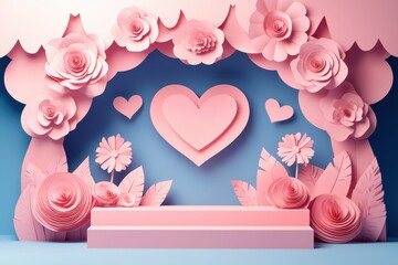 Poster - Creative Valentine's Day podium with paper cut out concept. Paper flowers and hearts in a pastel-themed decorative setting