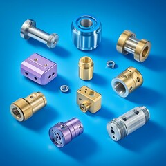 Poster - Precision machined parts on blue background