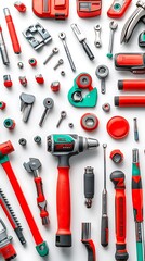 Poster - Red tools flatlay, white background, workshop, equipment catalog