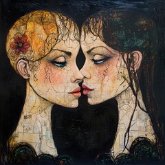 Canvas Print - A Kiss of Passion: An Intriguing Surreal Portrait of Two Women