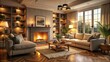 © udomsak - Cozy living room with fireplace and warm lighting , comfortable, home,  comfortable, home, fireplace