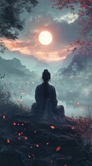 Canvas Print - Serene Moonlit Landscape: Woman Meditating by the Lake