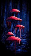 Sticker -  t-shirt design of red and blue mushrooms in the forest with dripping with neon paint