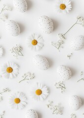 Poster - Elegant Spring Easter Arrangement Daisies and Decorative Eggs on White Background