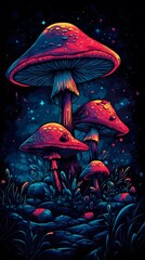 Wall Mural -  t-shirt design of red and blue mushrooms in the forest with dripping with neon paint