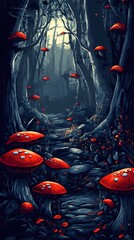 Wall Mural -  t-shirt design of red and blue mushrooms in the forest with dripping with neon paint