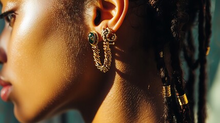 Wall Mural - A woman with long hair and gold earrings