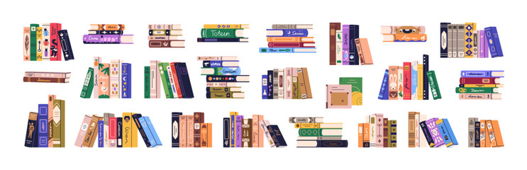 Poster - Books set. Novels and education literature for reading. Library, encyclopedia, dictionary rows and stacks, cover spines for knowledge and study. Flat vector illustration isolated on white background