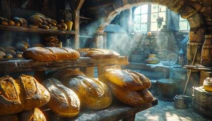 Sticker - A rustic bakery kitchen with fresh bread on wooden shelves, lit by sunlight streaming through an arched window.