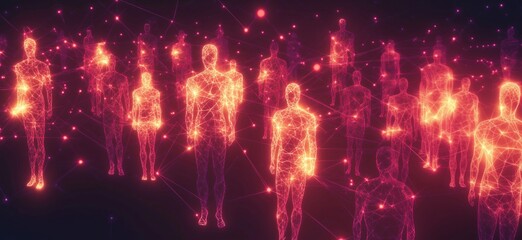 Poster - digital representation of interconnected human figures in glowing network, showcasing technology, co