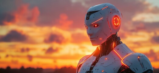 Poster - Futuristic humanoid robot with glowing features against vibrant sunset sky, showcasing advanced technology and design, copy space for text
