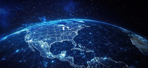 Poster - Digital Earth Visualization with Network Connections Over North America and Surrounding Regions, copy space for text