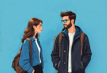 Young couple conversing, blue background, city backdrop, relationship illustration.