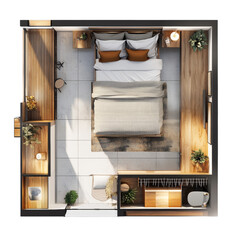 Poster - An overhead view showcases a modern minimalist bedroom apartment design with wooden accents and natural elements.