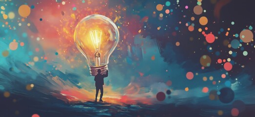 Poster - illuminating ideas: person holding giant light bulb against colorful abstract background, copy space