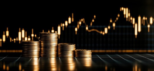 Poster - Financial Growth Visualization with Stacked Coins and Rising Graph, Symbolizing Investment Success and Economic Prosperity, copy space for text