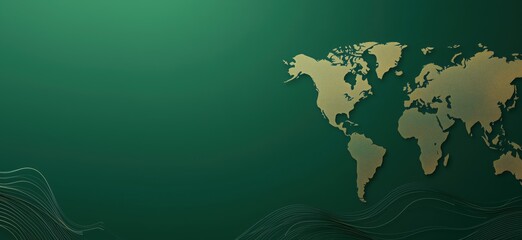 Poster - World Map Illustration on Green Background with Elegant Lines and Gold Accents, copy space for text