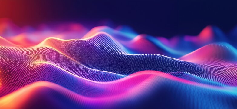 Colorful abstract wave patterns in vibrant hues of blue, pink, and purple, creating a mesmerizing digital landscape, copy space for text