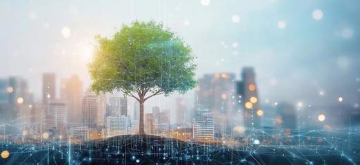 Poster - urban tree symbolizing sustainability and technology integration in modern cityscape, showcasing har