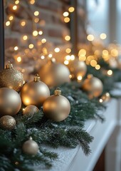 Poster - Warm Holiday Glow Elegant Golden Ornaments and Greenery Mantelpiece