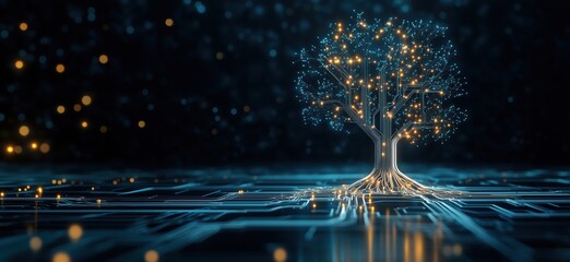 Poster - digital tree symbolizing technology and nature integration, glowing circuits and lights representing