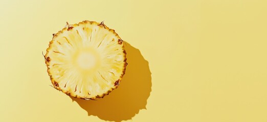 Poster - Pineapple slice on yellow background showcasing vibrant colors and textures, highlighting tropical fruit freshness and summer vibes, copy space for text