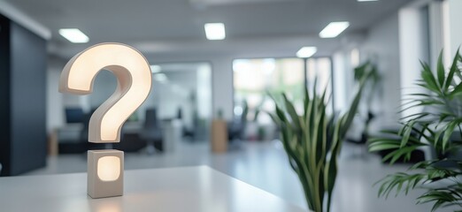 Poster - illuminated question mark symbolizing inquiry in modern office environment with green plants and ope