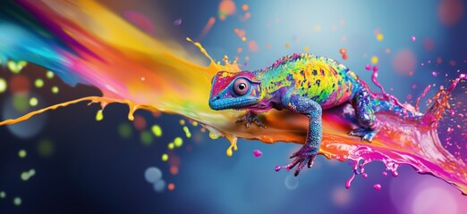 Poster - Colorful lizard splashing through vibrant paint, showcasing vivid hues and dynamic motion, blending nature with artistic expression, copy space for text