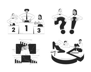 Poster - Businesspeople activities doodle line illustration concept set. Commerce. Corporate employees developing business company 2D outline characters isolated. Hand drawn ink drawing monochrome collection