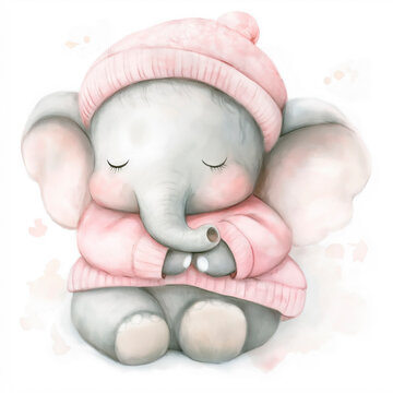 Cute baby elephant in pink hat and scarf, watercolor illustration