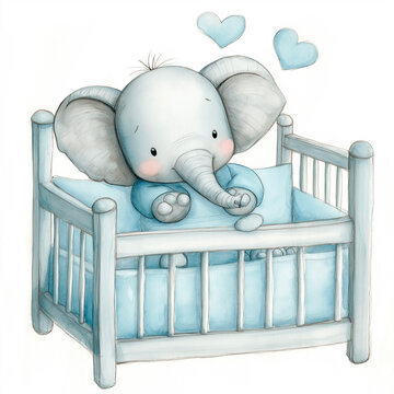 cartoon scene with elephant sleeping in the crib - illustration for children